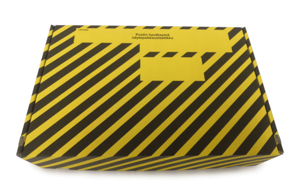 Laatikko kelta-musta, sisäkorkeus 65 mm, ulkomitat 290 x 190 x 70 mm