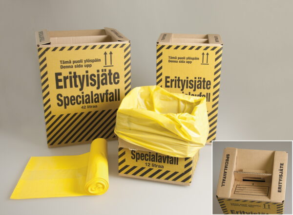 Erityisjätelaatikko, kelta-musta painatus