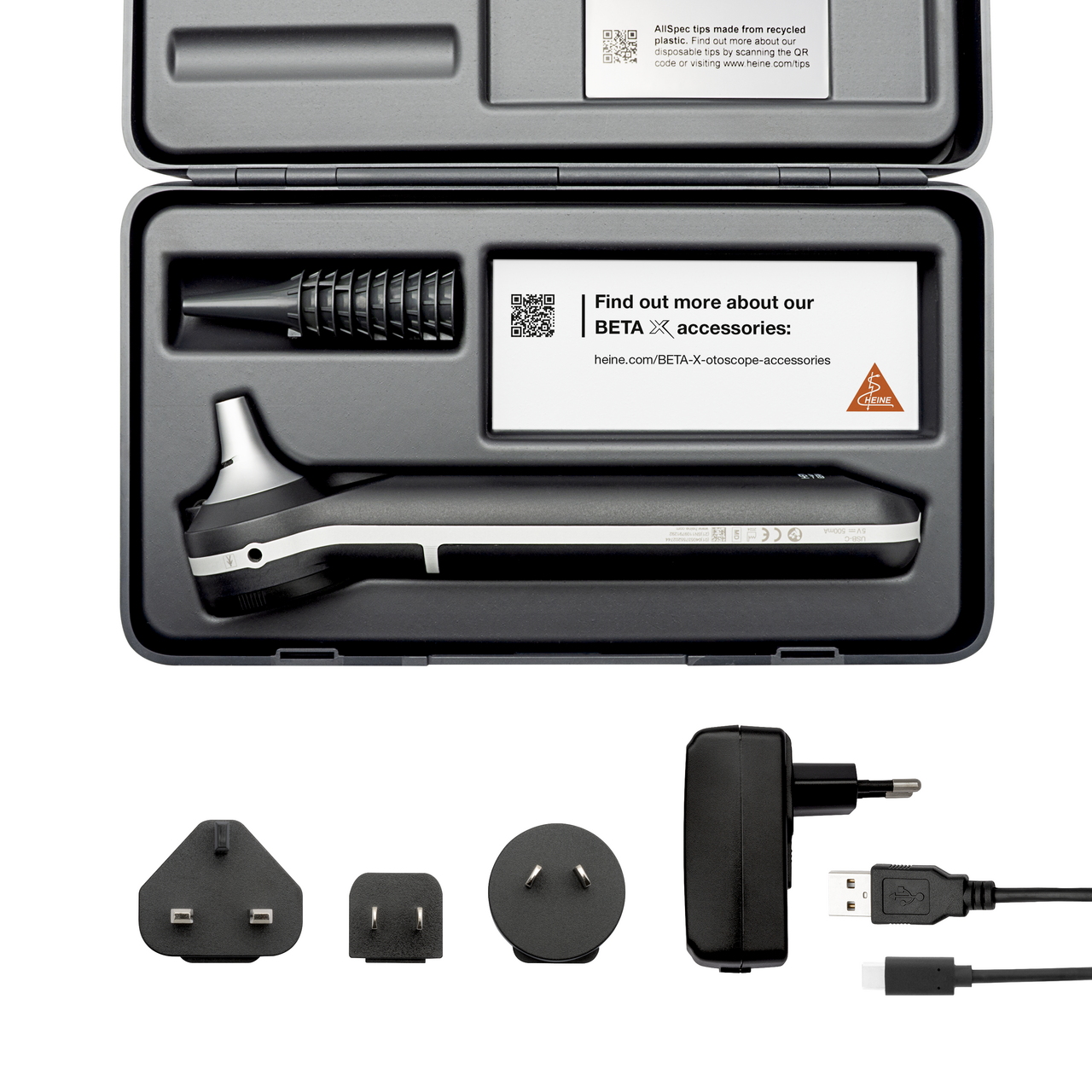 HEINE BETA X ‑otoskooppi, 4.2×, USB‑C, kova kotelo