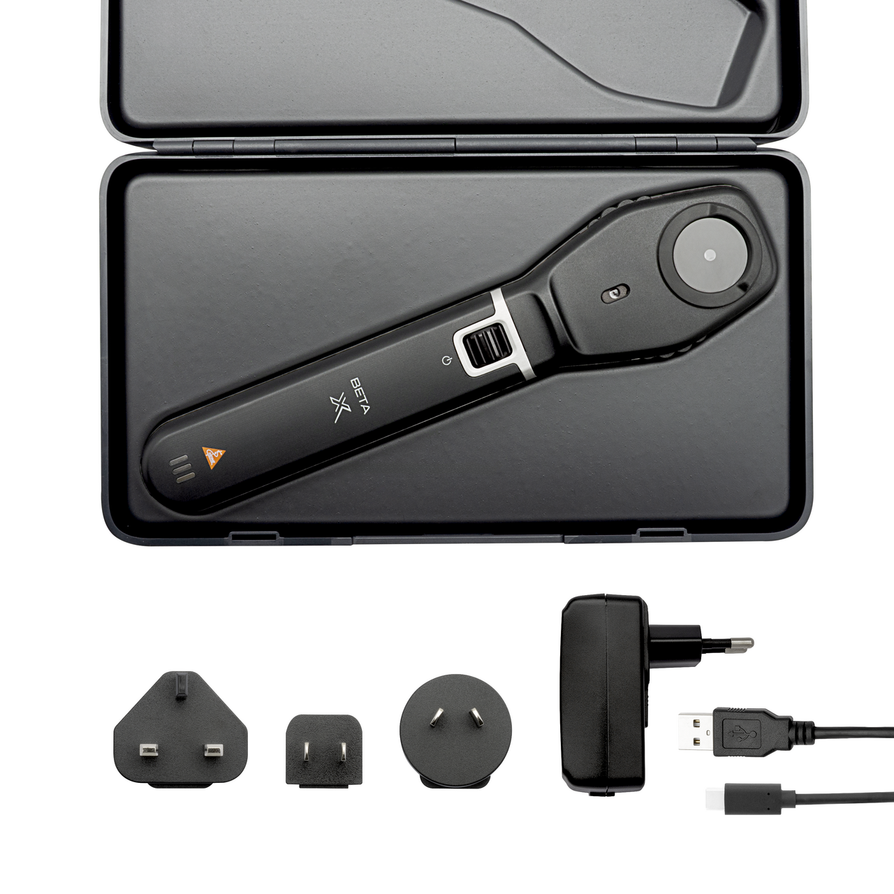 HEINE BETA X ‑oftalmoskooppi, USB‑C, kova kotelo
